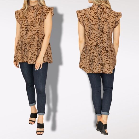 DOE & RAE Leopard Button Back Peplum Ruffle Top S - Picture 6 of 6